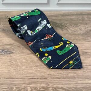 Gold City Silk Hand Made Navy Blue Vintage Airplane Print Mens Necktie
